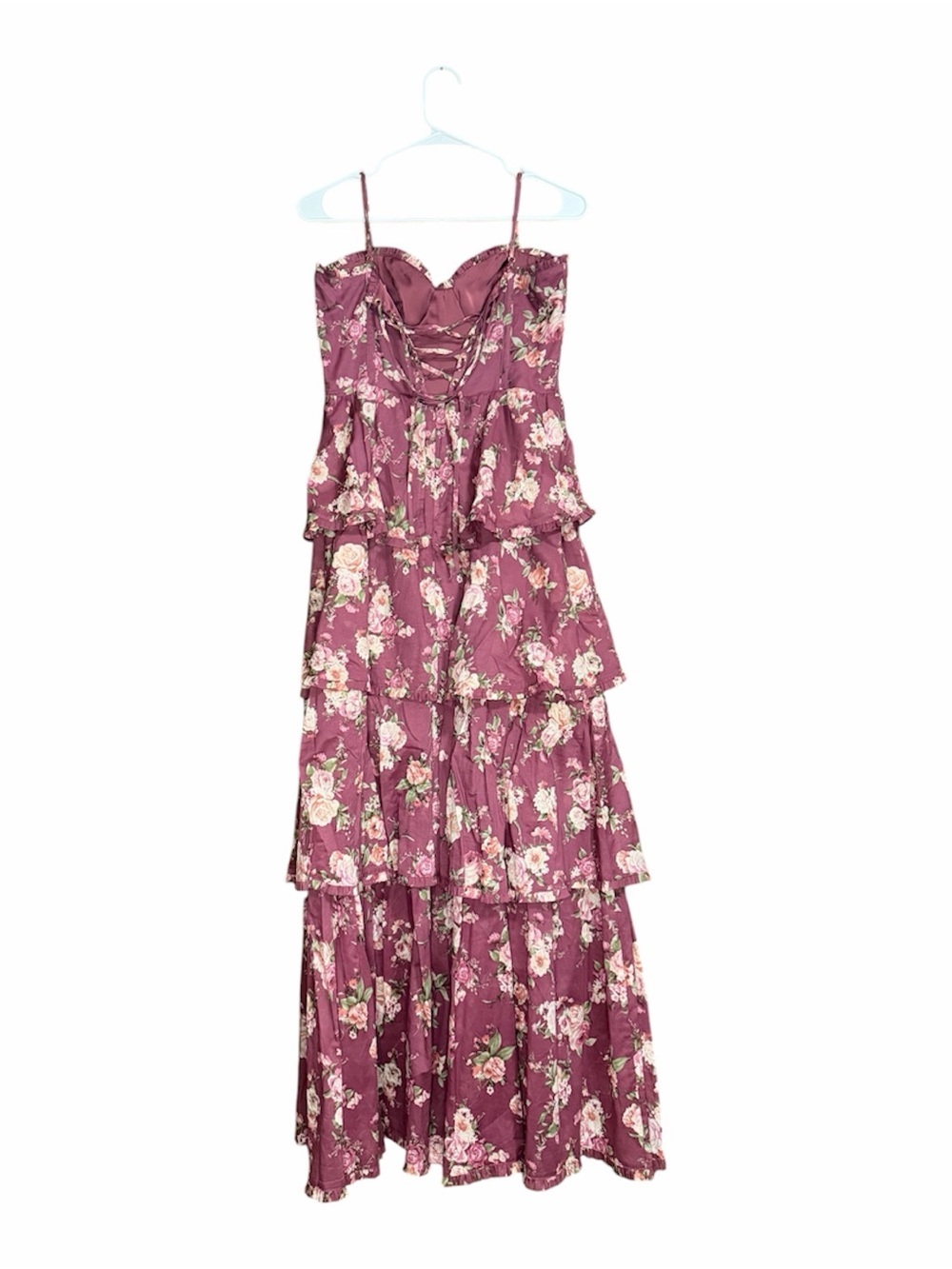 Altar'd State Floral Corset Back Busier Tiered Ruffle Maxi Dress Plum Size S - Picture 4 of 6